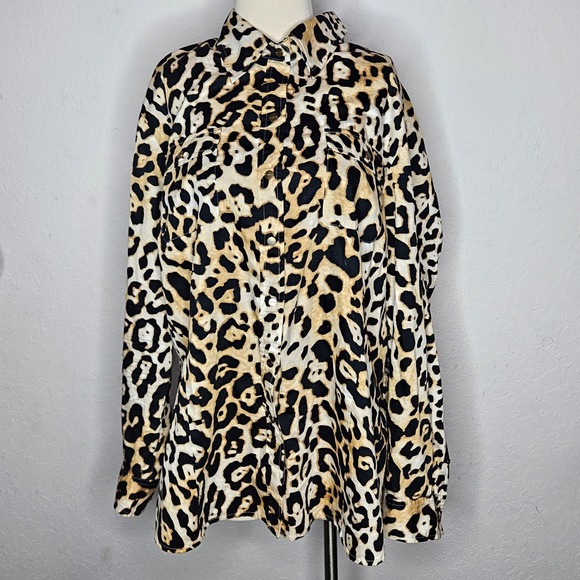 Jones New York Signature Woman Tops - Jones New York Signature‎ Woman Leopard Print Button Up Shirt Long Sleeve Tan 1X